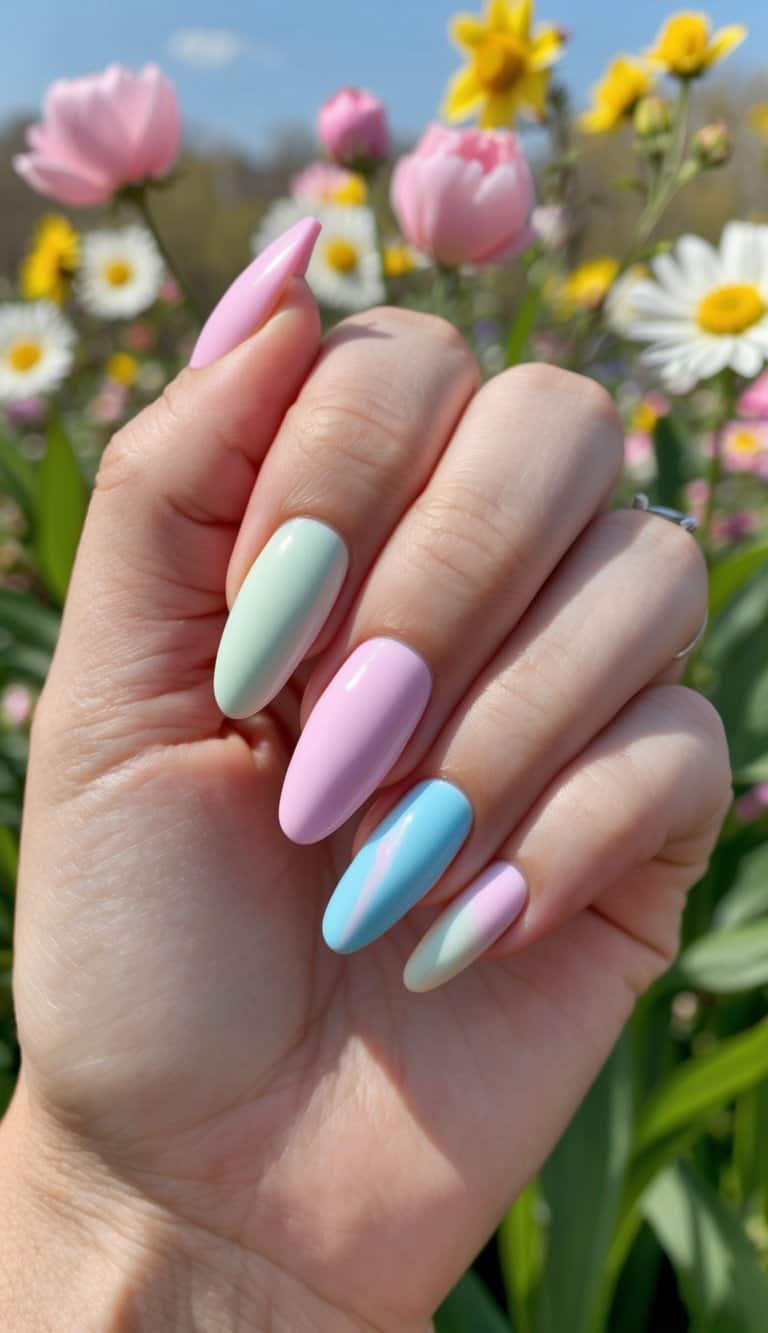 A pastel-colored cotton candy swirl against a springtime backdrop of flowers and sunshine