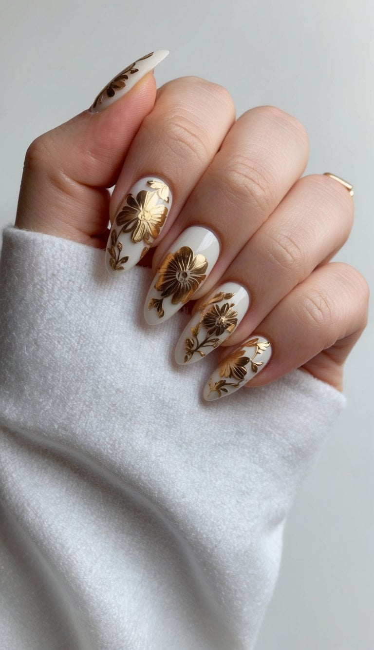 A collection of intricate gold floral motifs on acrylic nails