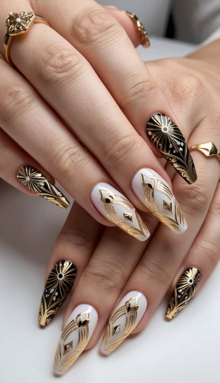 A luxurious Art Deco-inspired scene with intricate gold patterns and accents on a set of acrylic nails
