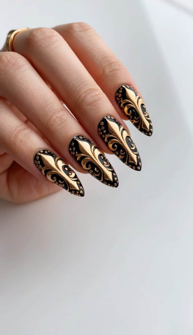 A regal fleur-de-lis pattern in gold acrylic nail art, with intricate and glamorous designs
