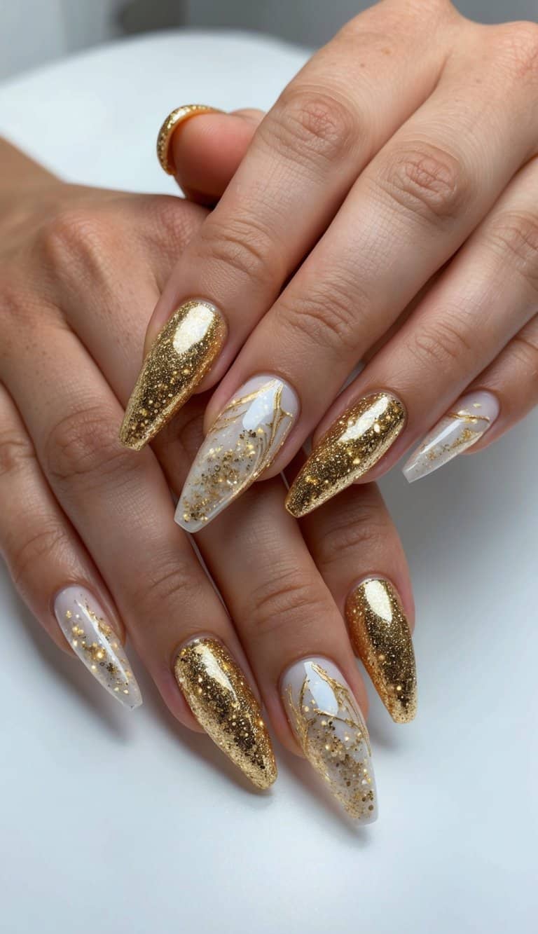 A sparkling sea of golden acrylic nail art designs