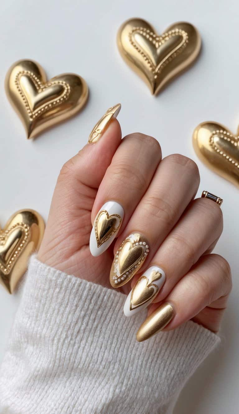 A collection of whimsical gold hearts and intricate designs, showcasing glamorous gold acrylic nail art