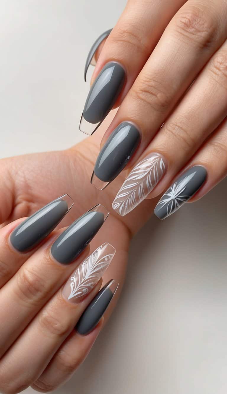 A close-up of charcoal gray nails with transparent tips, arranged in various intricate designs on a neutral background