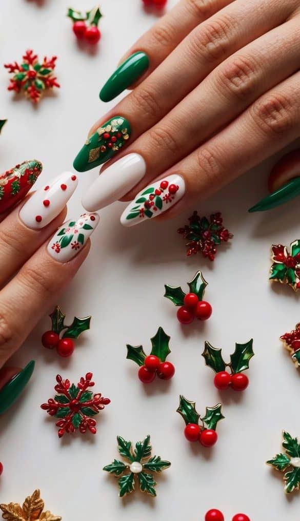 A table adorned with 50 Christmas-themed nail art designs, including holly berry highlights and festive patterns
