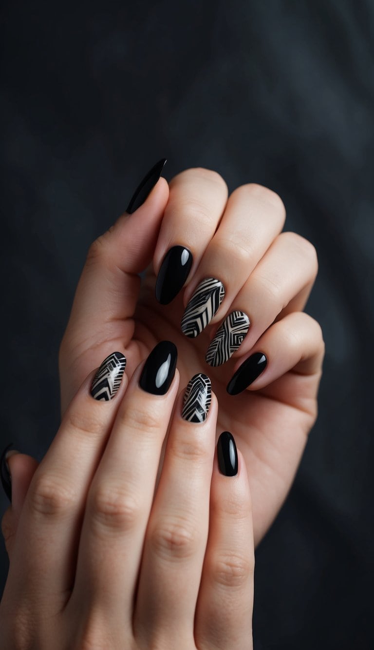 A sleek, black nail with intricate designs and bold patterns, set against a dark, dramatic background