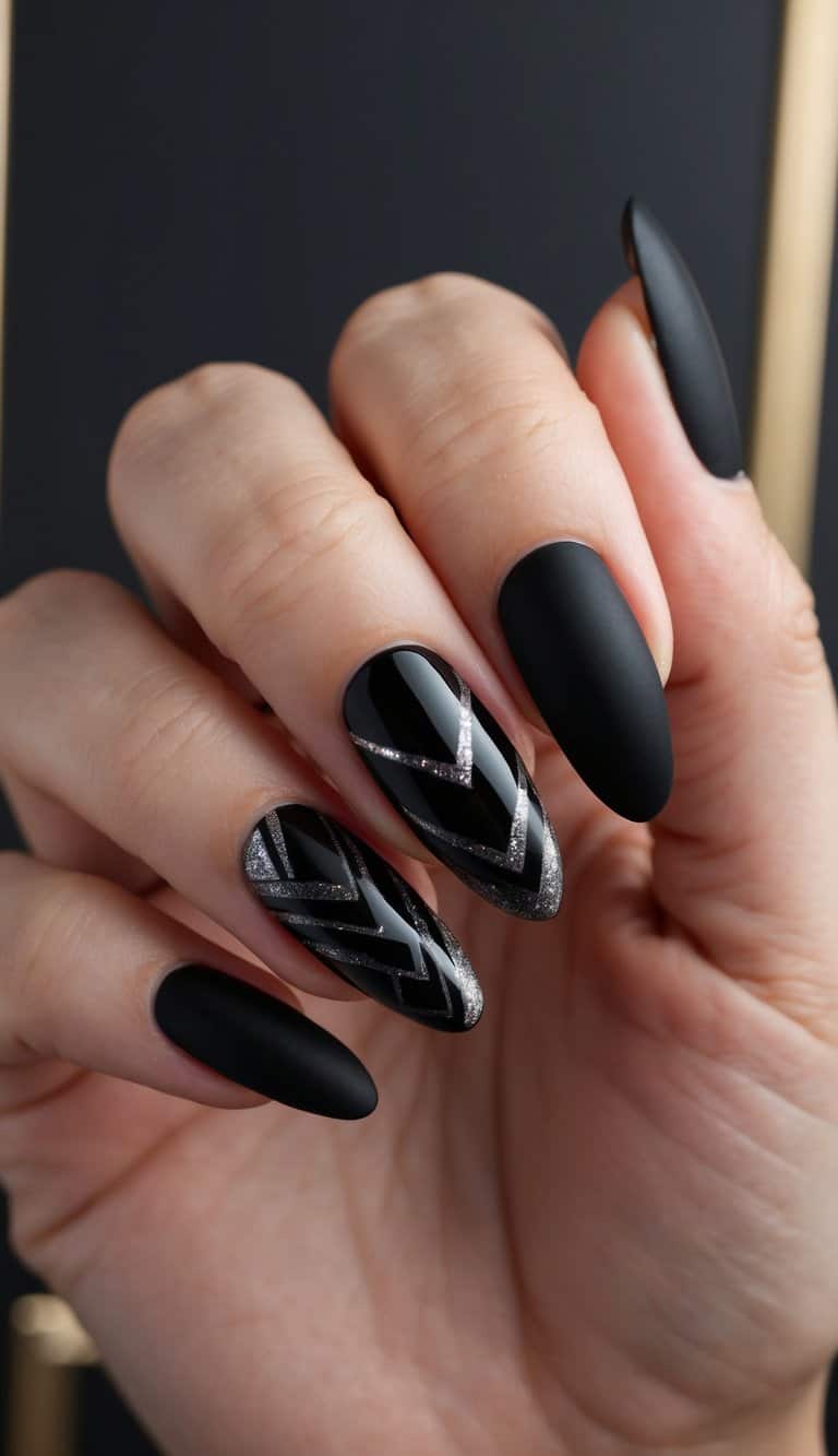 A close-up of black nails with dramatic designs, set against a dark, elegant background