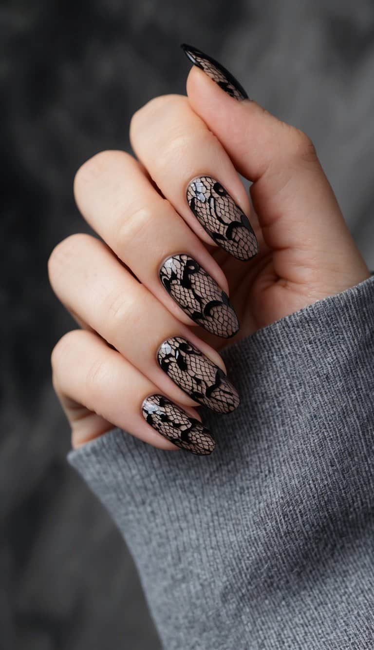 A close-up of black lace lattice nail art on a dramatic background