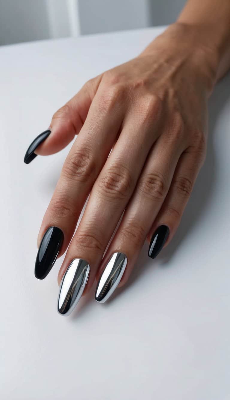 A sleek hand with black ombre nails, accented with chrome, against a clean, minimalist background