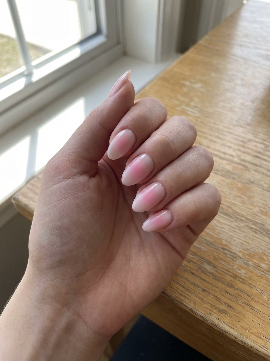 Hand resting beside a sunlit window and wooden table featuring pretty nail art ideas with almond-shaped nails painted in a glossy milky pink ombré gradient.