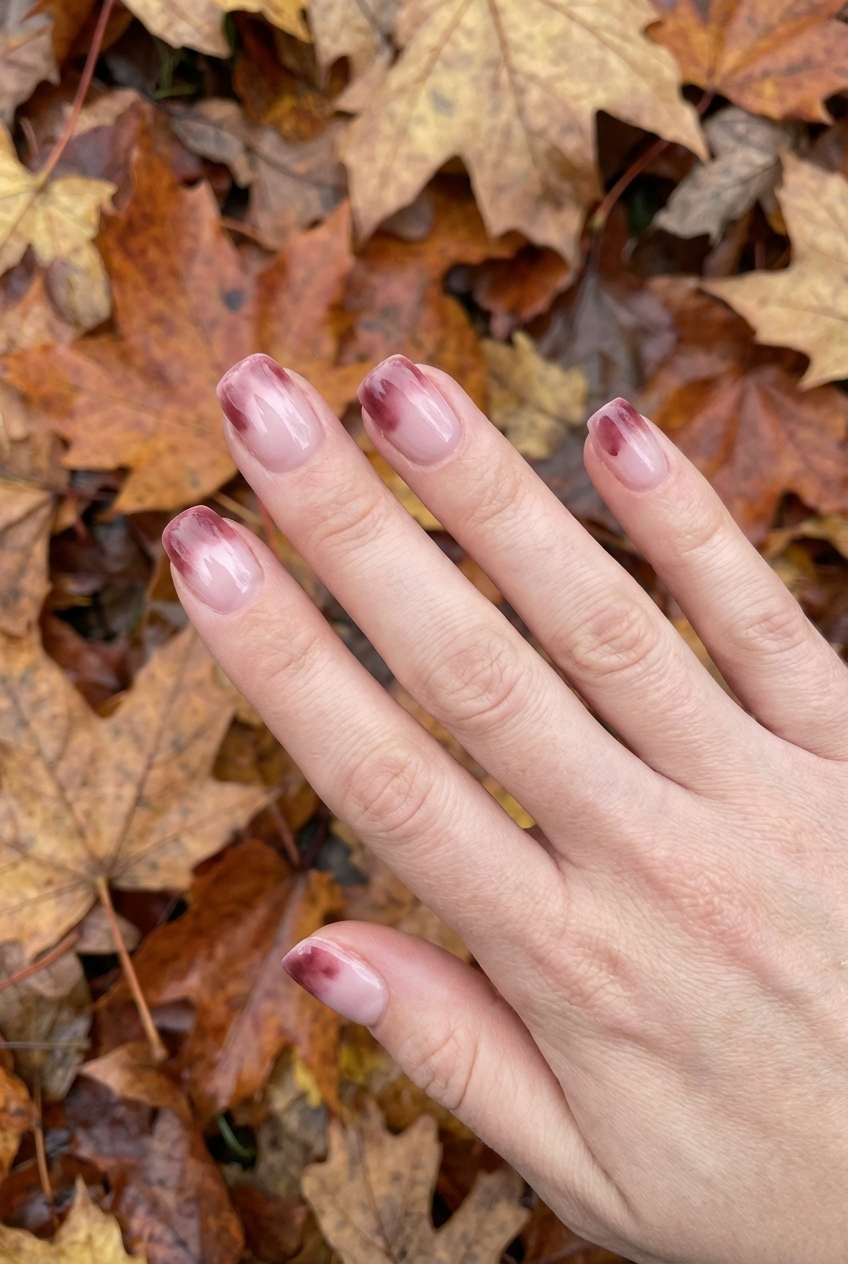Above a carpet of crisp maple leaves, a hand displays a maroon nail art idea featuring translucent nude nails with softly blurred maroon tips resembling watercolor brush strokes.