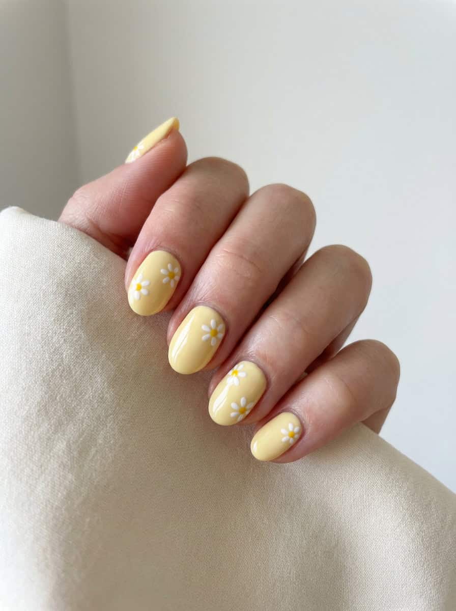 Close-up of a hand featuring a yellow nail art idea with short, oval nails painted in pastel yellow and adorned with tiny white daisy designs, set against a neutral fabric background.