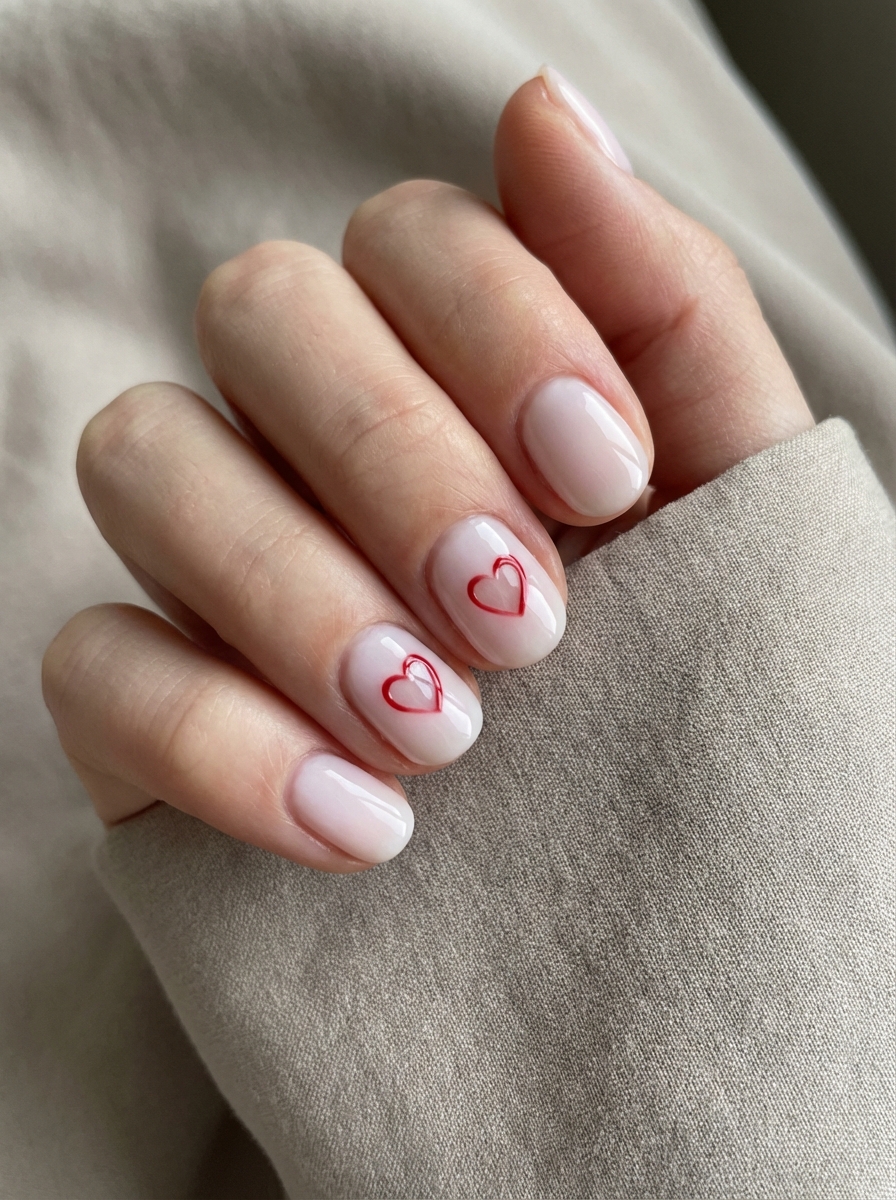Close-up of a relaxed hand showing short oval nails painted milky blush pink, with a glossy finish and fine red heart outlines, styled as minimal valentine's nail art ideas.