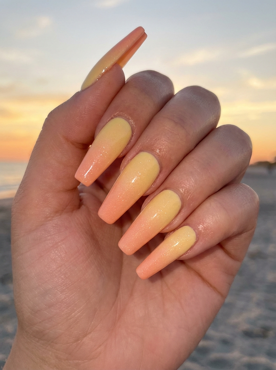 A hand with long, coffin-shaped nails featuring a gradient design transitioning from pale yellow to peach, against a backdrop of a beach sunset.