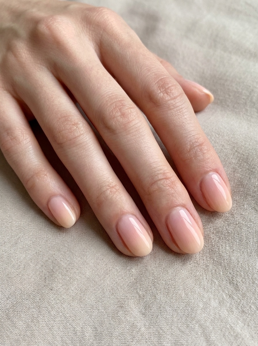 Elegant fingers with short, rounded nails in a barely tinted glossy peach tone, set against textured fabric—offering a clean editorial take on the peach nail art idea.