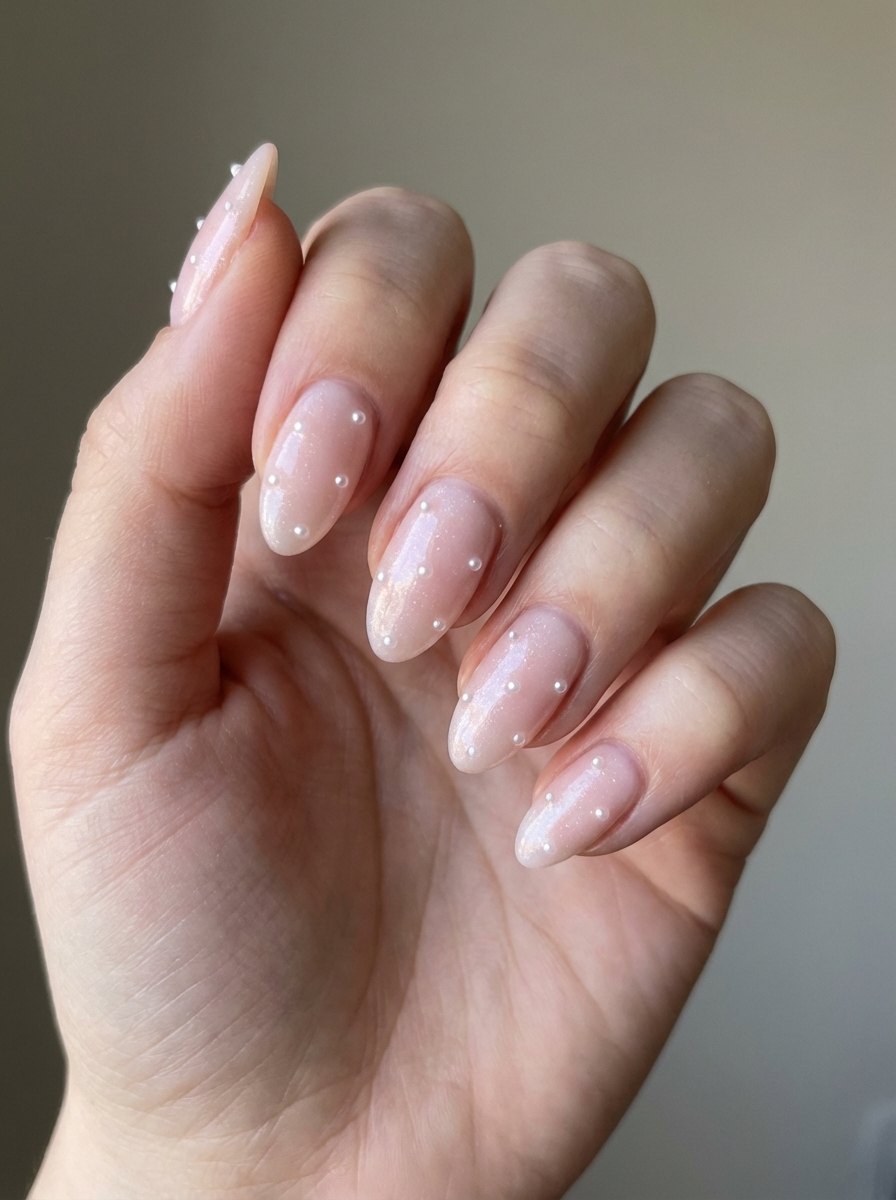 Close-up of a hand with soft pearly pink nails adorned with tiny raised pearl dots, showcasing an elegant prom nail art idea with a gentle shimmer.