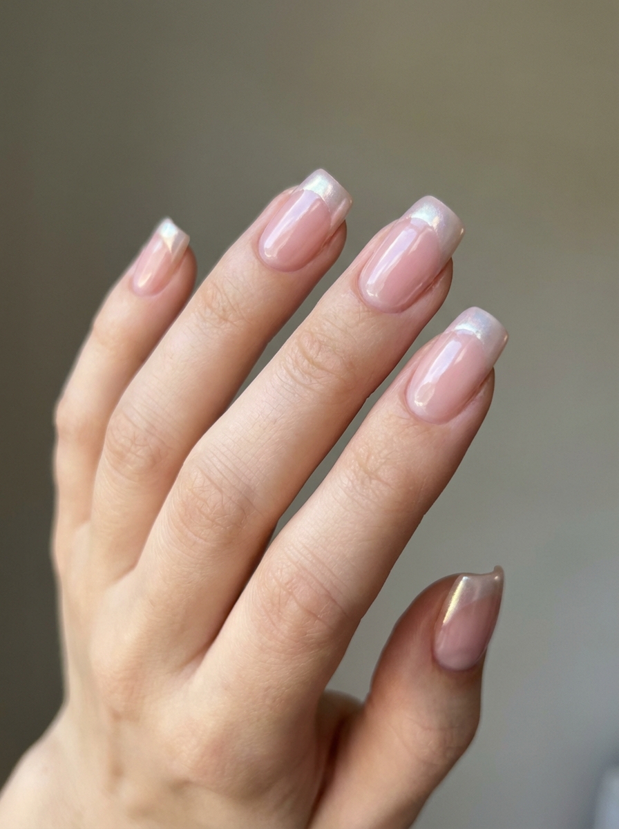 A hand shows off a prom nail art idea with square nude-pink nails and soft pearly tips, capturing a minimal yet elegant design.