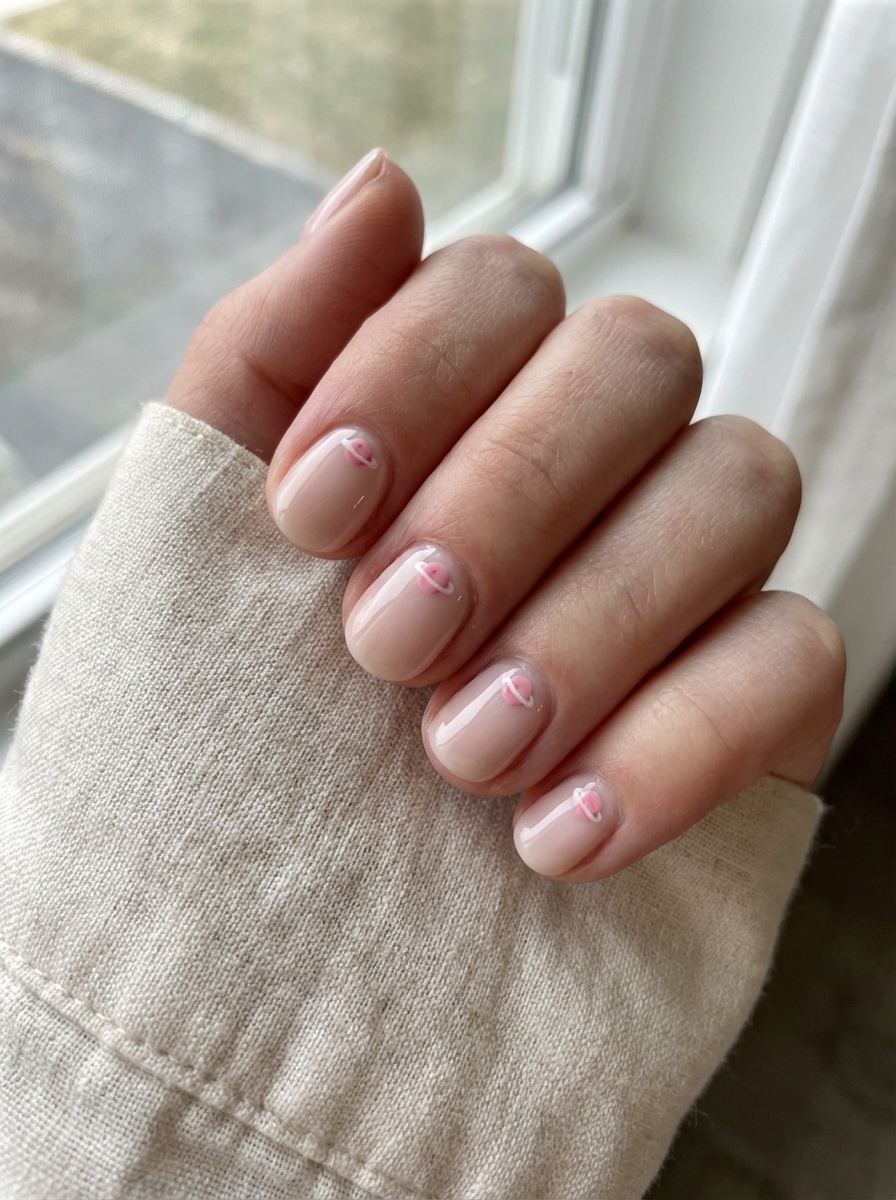 Natural daylight image of fingers wrapped in fabric, highlighting a light pink nail art idea with translucent pink nails and delicate heart details on each nail.