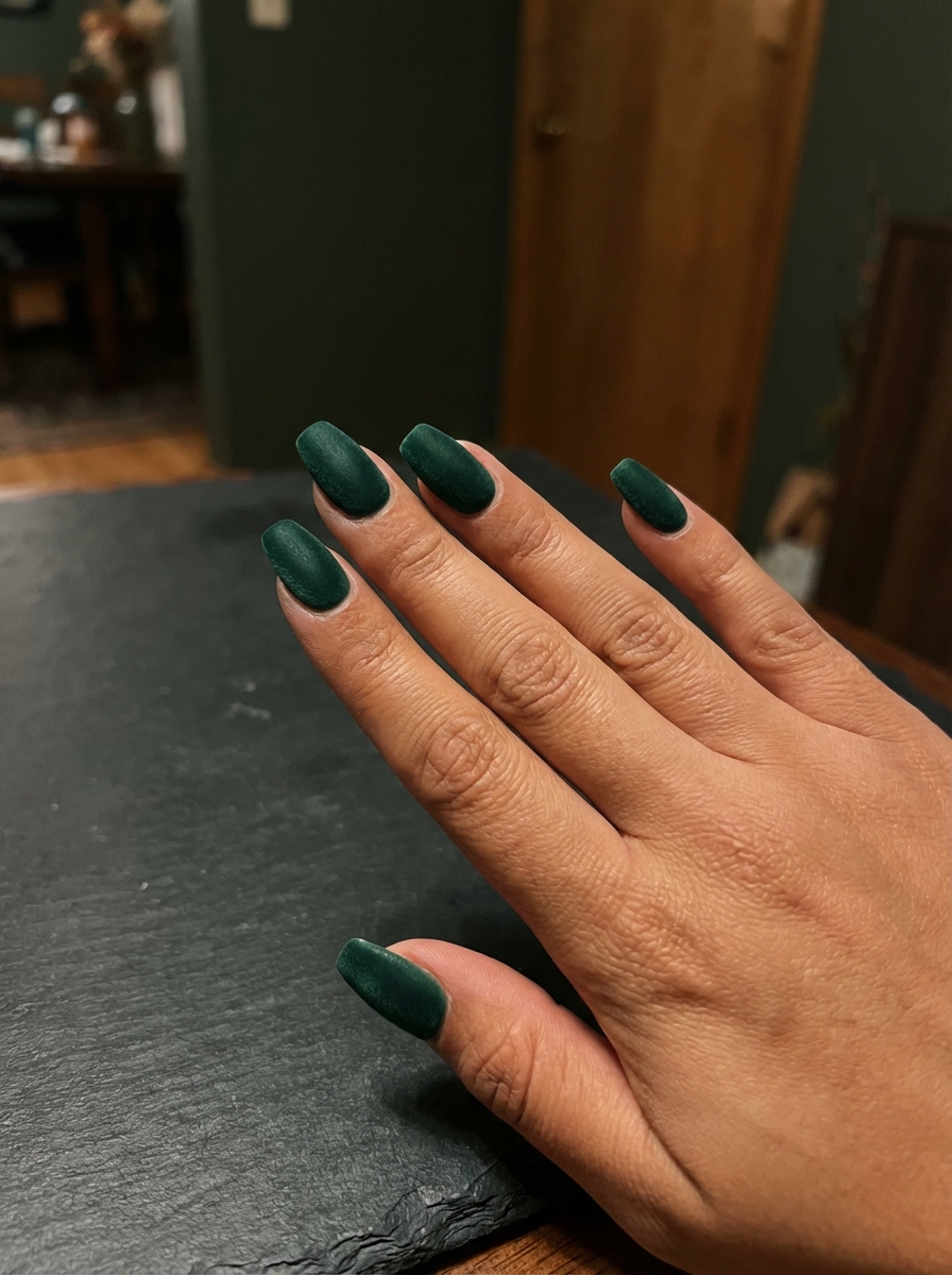 Hand resting on a dark tabletop displaying a bridesmaid nail art idea with matte forest green square-shaped manicure inside a warm indoor setting