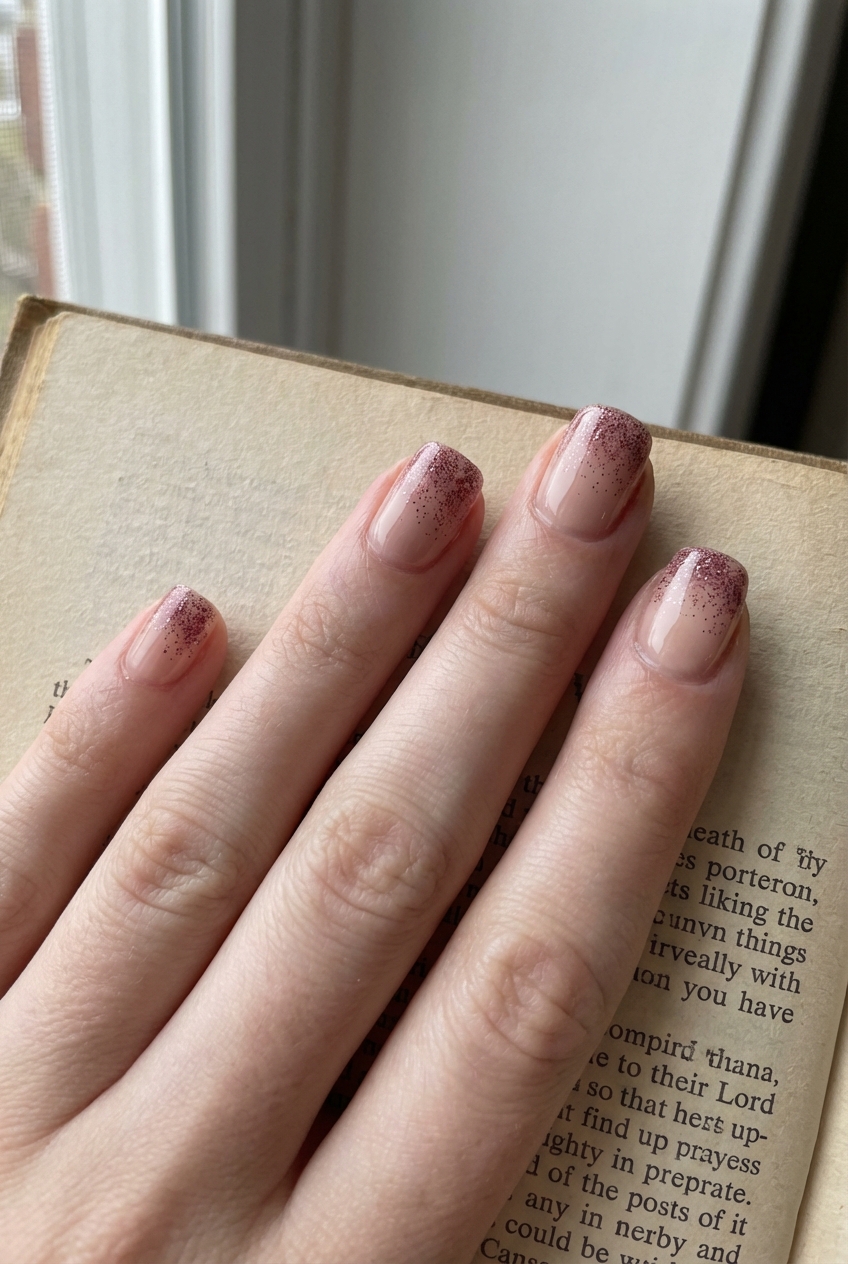 Hand resting on an open book showing a maroon nail art idea with sheer nude nails and fine maroon glitter fading across the tips, creating a soft sparkling gradient manicure in natural window light.