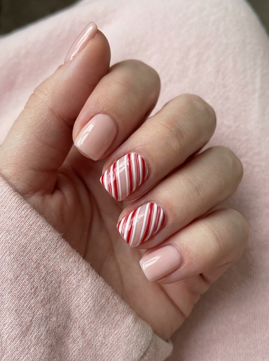 Detailed view of a hand partially covered by a soft pink sleeve, revealing blush nails and striped accent designs in red and white for modern valentine's nail art ideas.