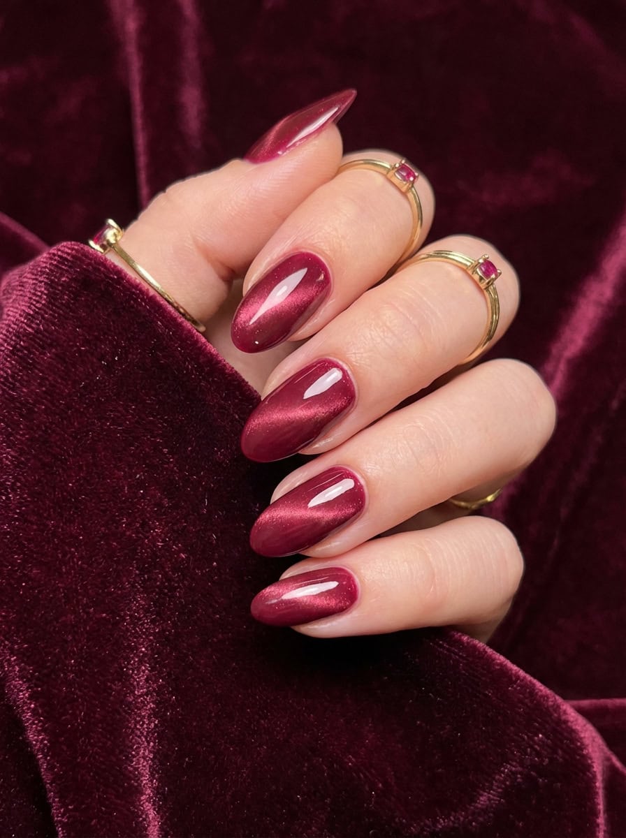Manicured hand adorned with gold rings, showcasing long almond nails painted deep wine red with reflective cat-eye shimmer, resting against plush burgundy velvet for valentine's nail art ideas.