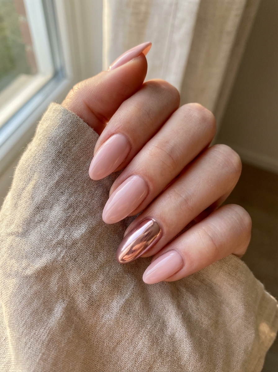 Hand resting on a white surface wearing a gold ring, showcasing pretty nail art ideas with almond nails featuring colorful mosaic patterns in coral, teal, navy, and gold alongside a glossy turquoise accent nail.