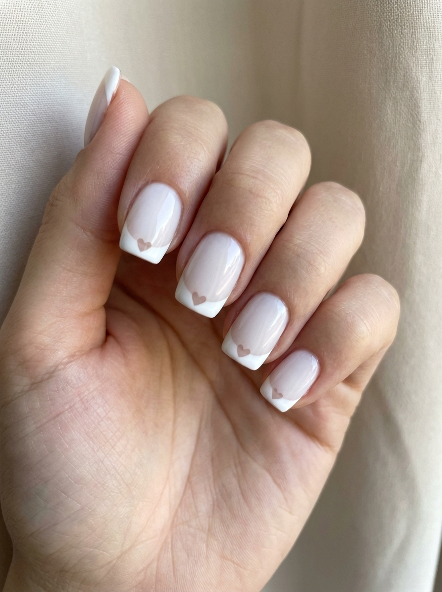 Softly lit image of fingers curled inward, displaying ivory-toned French tip nails with subtle nude heart designs, captured in a clean and elegant valentine's nail art ideas style.