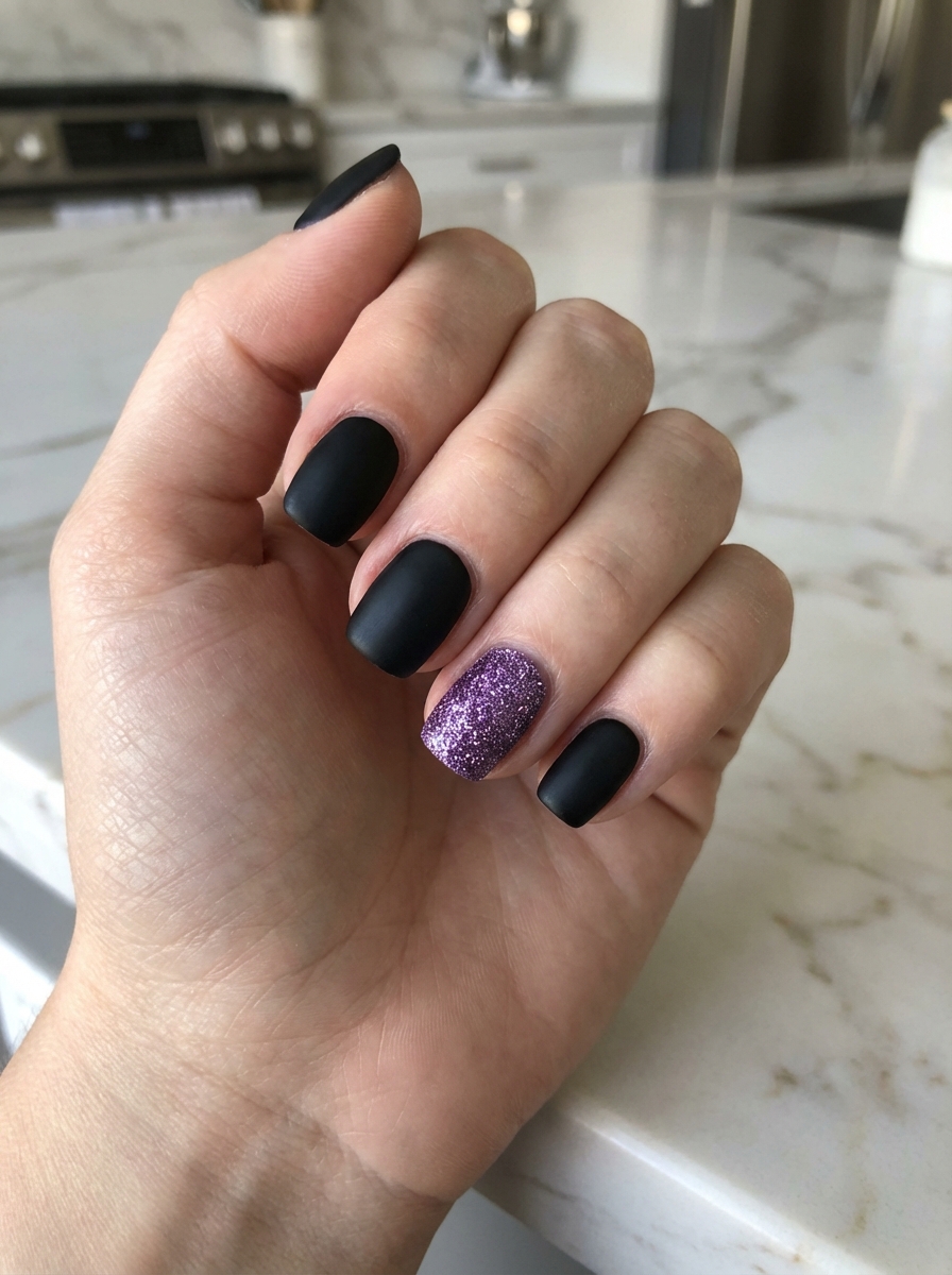 Against a bright marble kitchen counter, a hand with short square nails shows matte black polish on most fingers while the ring finger features dense lavender-purple glitter, forming a purple and black nail art idea.