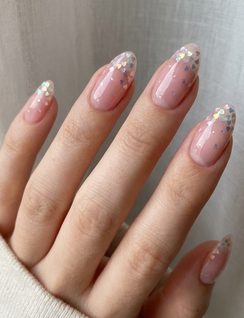 Close-up of a hand wearing sheer blush almond nails decorated with iridescent heart confetti near the tips, styled as soft and sparkling valentine's nail art ideas.