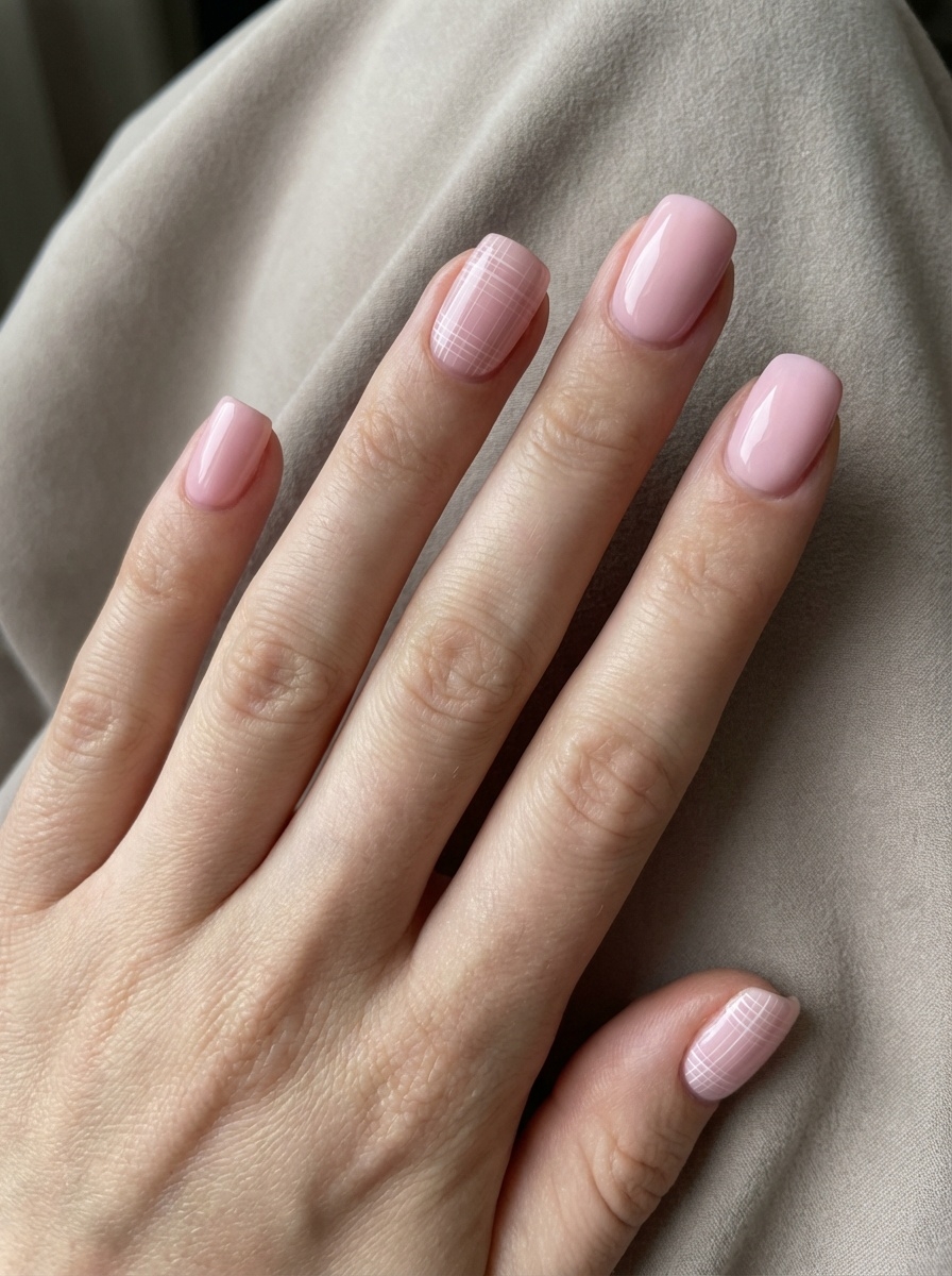 Close-up of a relaxed hand highlighting a light pink nail art idea with creamy blush square nails and delicate plaid detailing on one nail per hand.