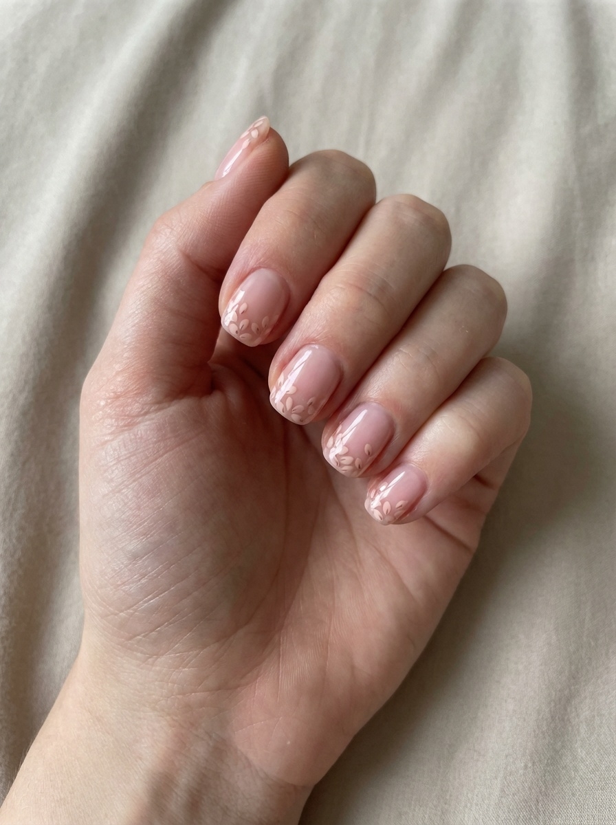 Natural light image of manicured nails against soft fabric, highlighting a light pink nail art idea with blush polish and understated seed-like accents along the tips.