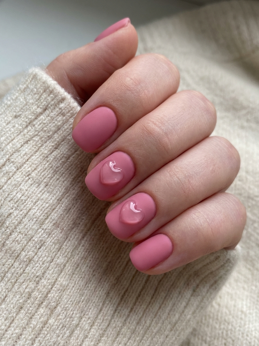 Close-up of a hand in a cozy knit sleeve, showing matte rose-pink nails with two glossy raised heart accents, styled as modern valentine's nail art ideas.