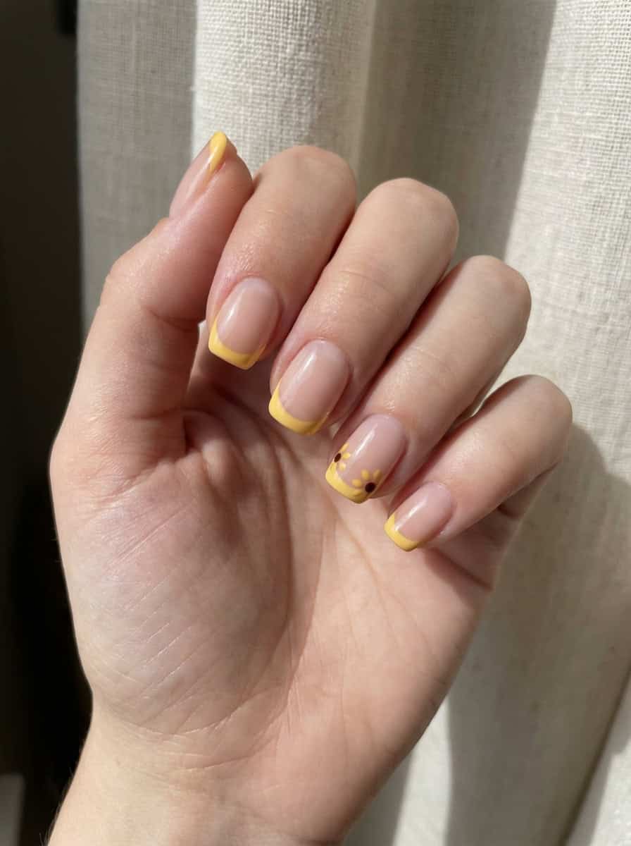 Hand with a minimal yellow nail art idea featuring clean nude nails, bright yellow French tips, and a tiny daisy detail near the cuticle of one finger, photographed in soft daylight.