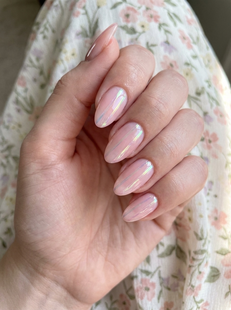 A hand with long, almond-shaped nails painted in a pale pink with iridescent, holographic stripes. The background features floral fabric.