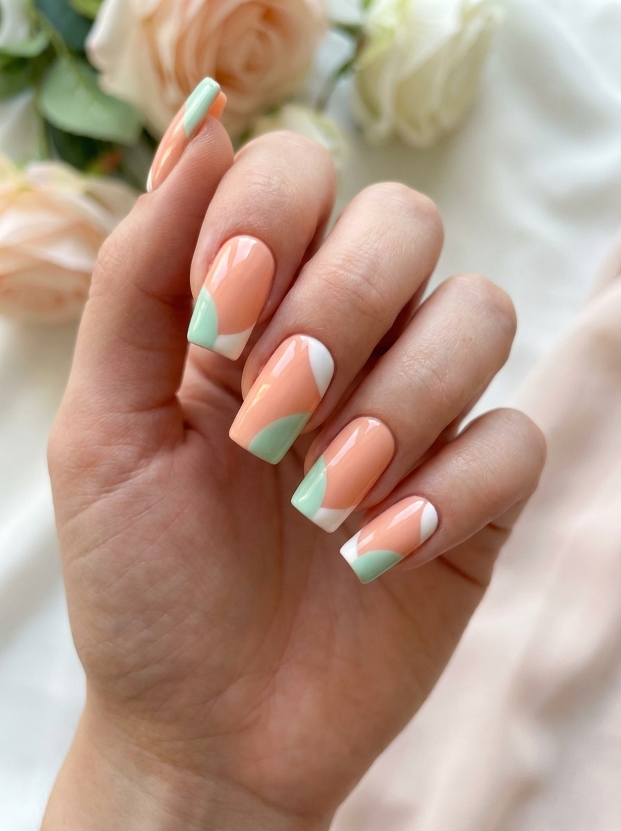 Glossy square-tipped nails painted in a peach base, each accented with curved mint green and white shapes—offering a fun and graphic peach nail art idea for spring.