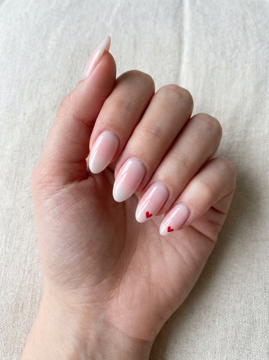 Close framing of fingers against neutral cloth, featuring translucent pink almond nails with soft white tips and tiny red hearts, presented as elegant valentine's nail art ideas.