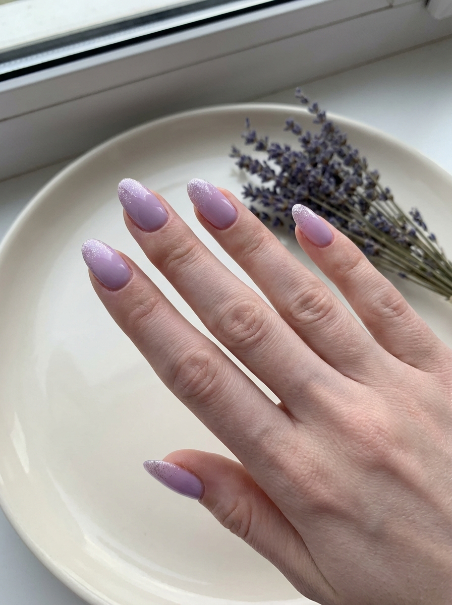 Close view of a hand with almond-shaped lilac manicure showing a bridesmaid nail art idea with soft white glitter fade photographed beside lavender flowers