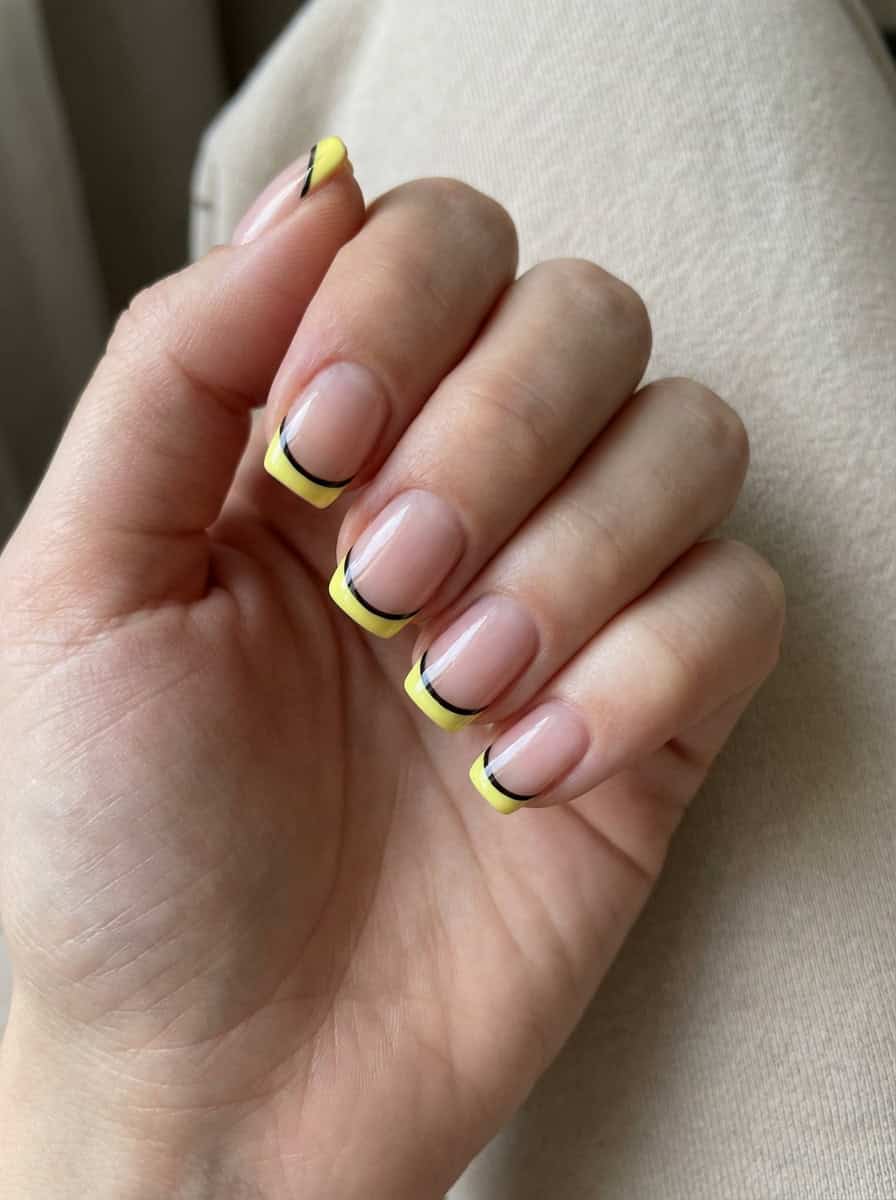 Close-up of yellow nail art idea with short nude nails, each finished with a bright yellow French tip accented by a single thin black arc near the edge.