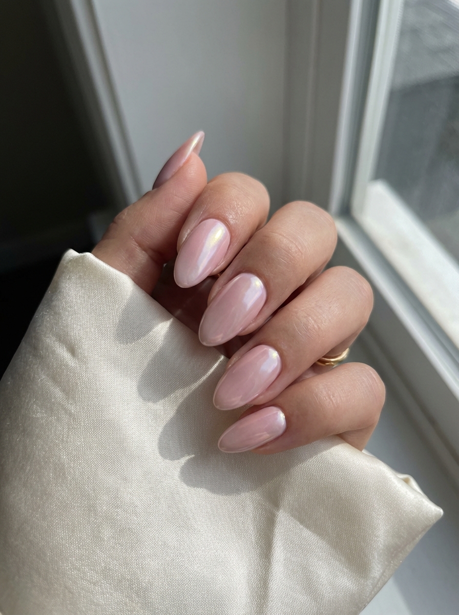 Hand resting beside a window with pretty nail art ideas featuring almond-shaped nails painted soft milky pink with a delicate iridescent gloss.