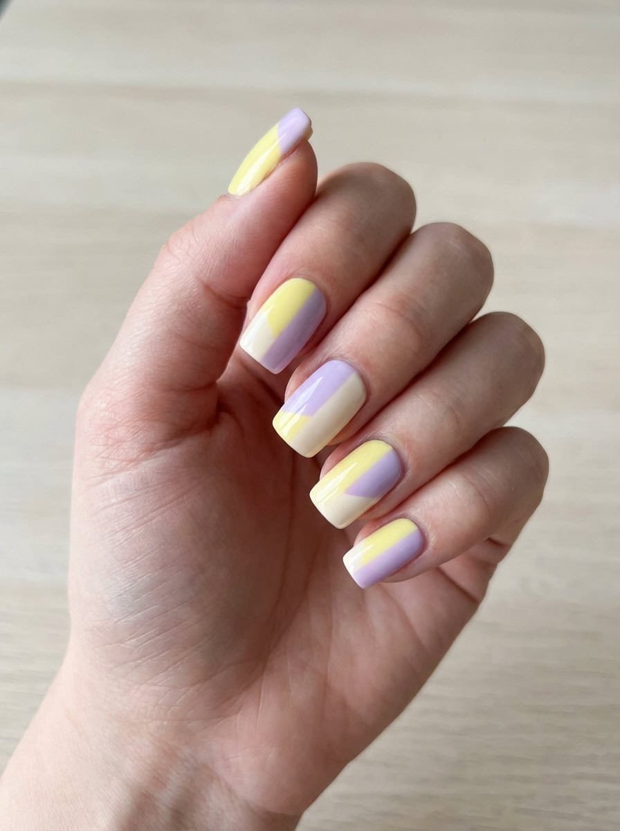 A hand showcasing a modern yellow nail art idea, where each short square nail is painted with layered blocks of pale yellow, lilac, and cream in clean, sharp patterns.