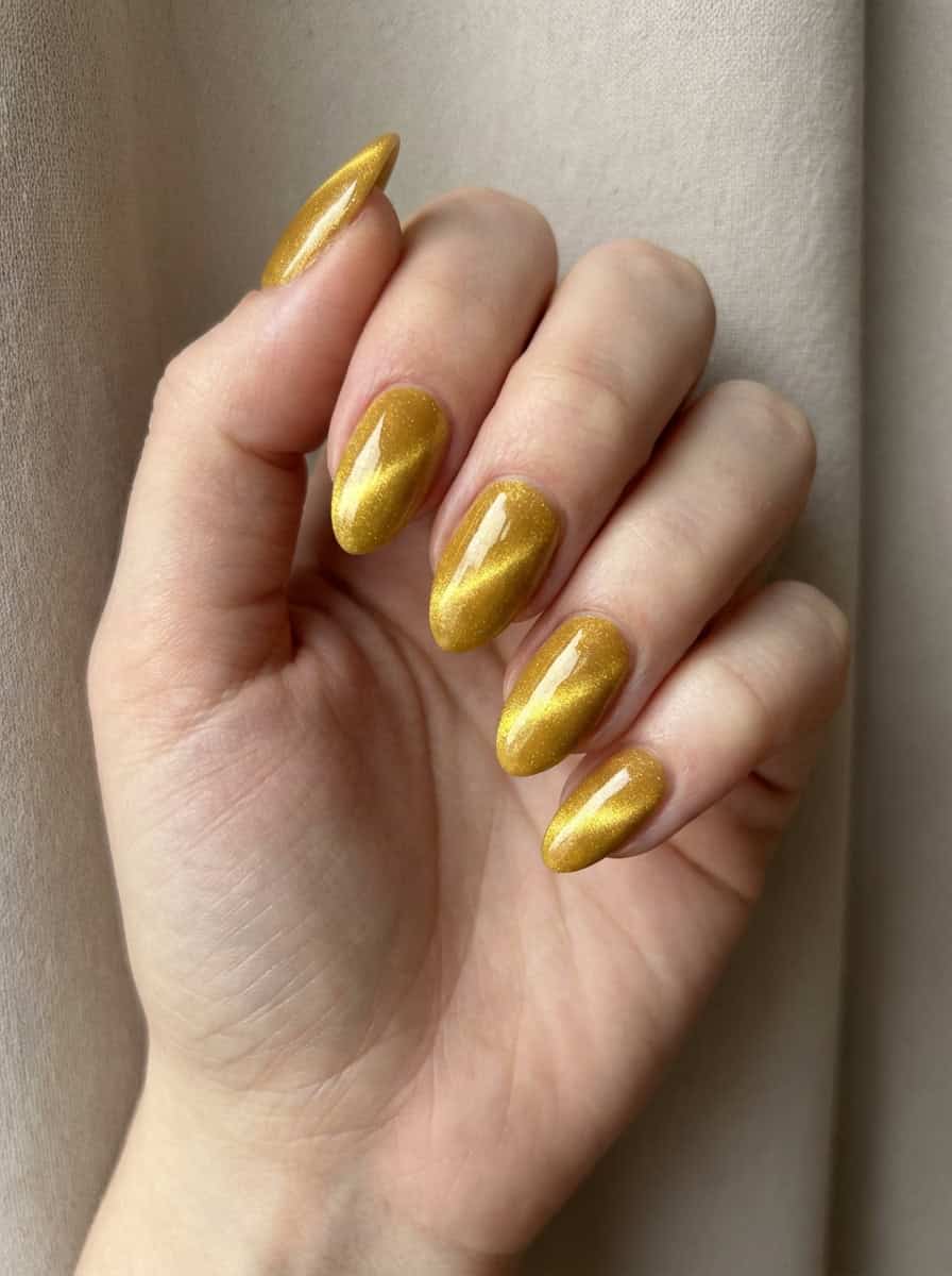 A hand showing a yellow nail art idea with almond nails fully painted in glossy metallic gold polish, giving off a smooth, high-shine finish against a soft beige background.