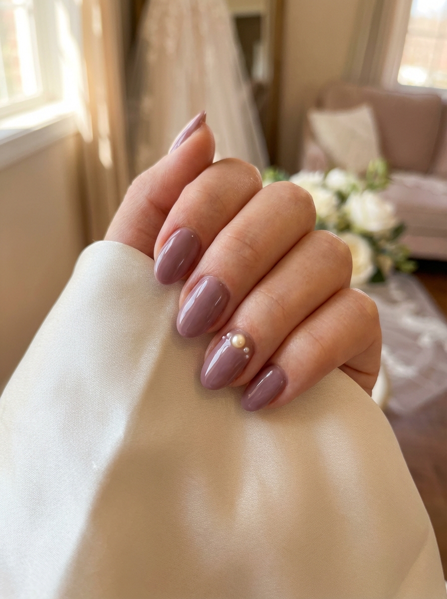 Fingers gently curled over satin fabric presenting a bridesmaid nail art idea with mauve glossy manicure and pearl embellishment photographed in a bridal suite