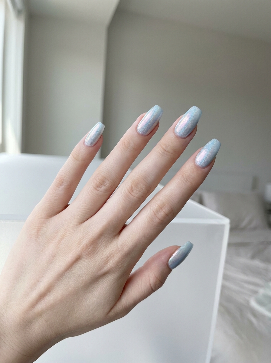 Manicured hand lifted near a white interior corner showing a bridesmaid nail art idea with icy blue chrome polish reflecting soft lavender and silver tones on square-shaped nails