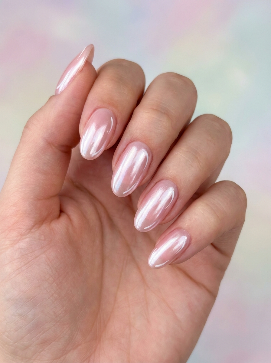 Fingers gently curled with almond-shaped nails painted in pearly pink chrome, glowing softly against a pastel background as ethereal valentine's nail art ideas.