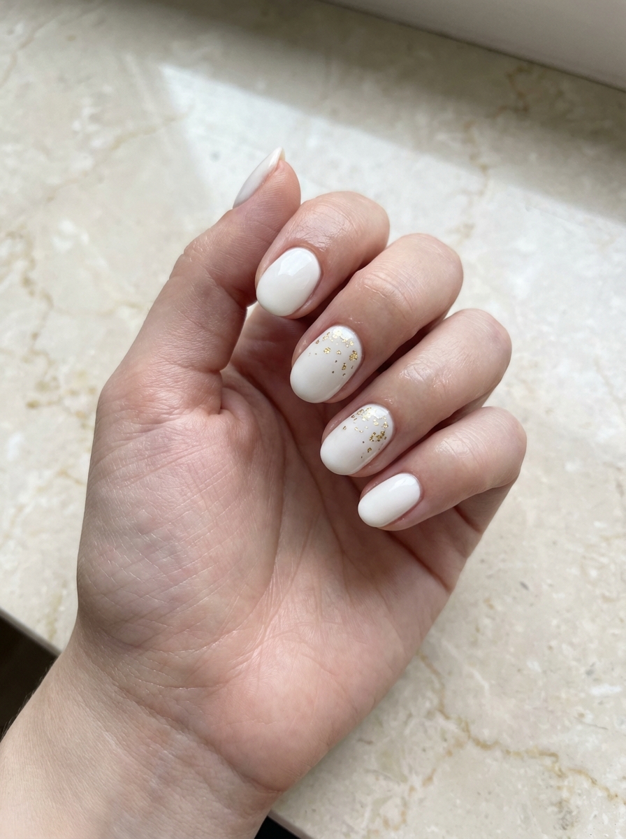 Close-up of a hand displaying pretty nail art ideas with short oval nails in creamy white polish and delicate gold foil details on two accent nails.