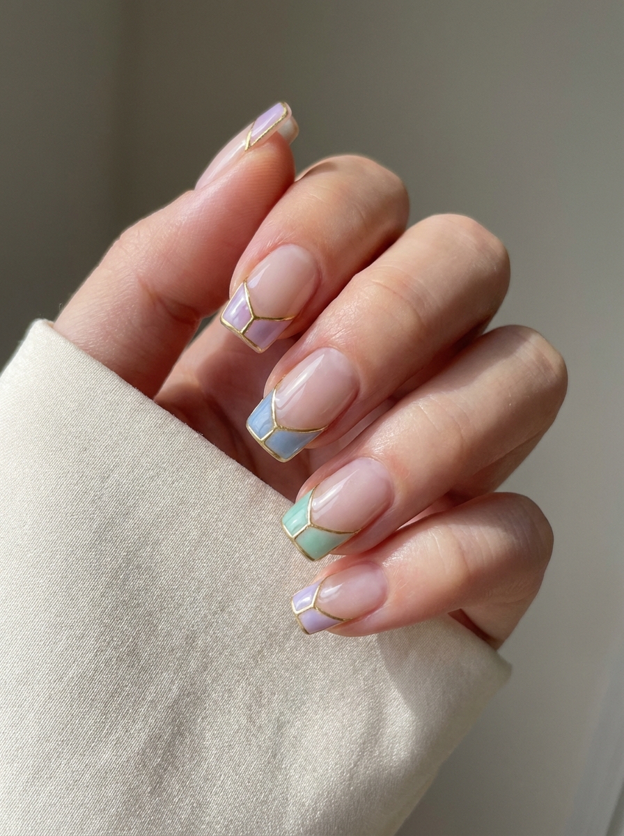 Fingertips with clear base nails and sharp pastel geometric tips framed in gold—an artistic, abstract prom nail art idea with subtle elegance.