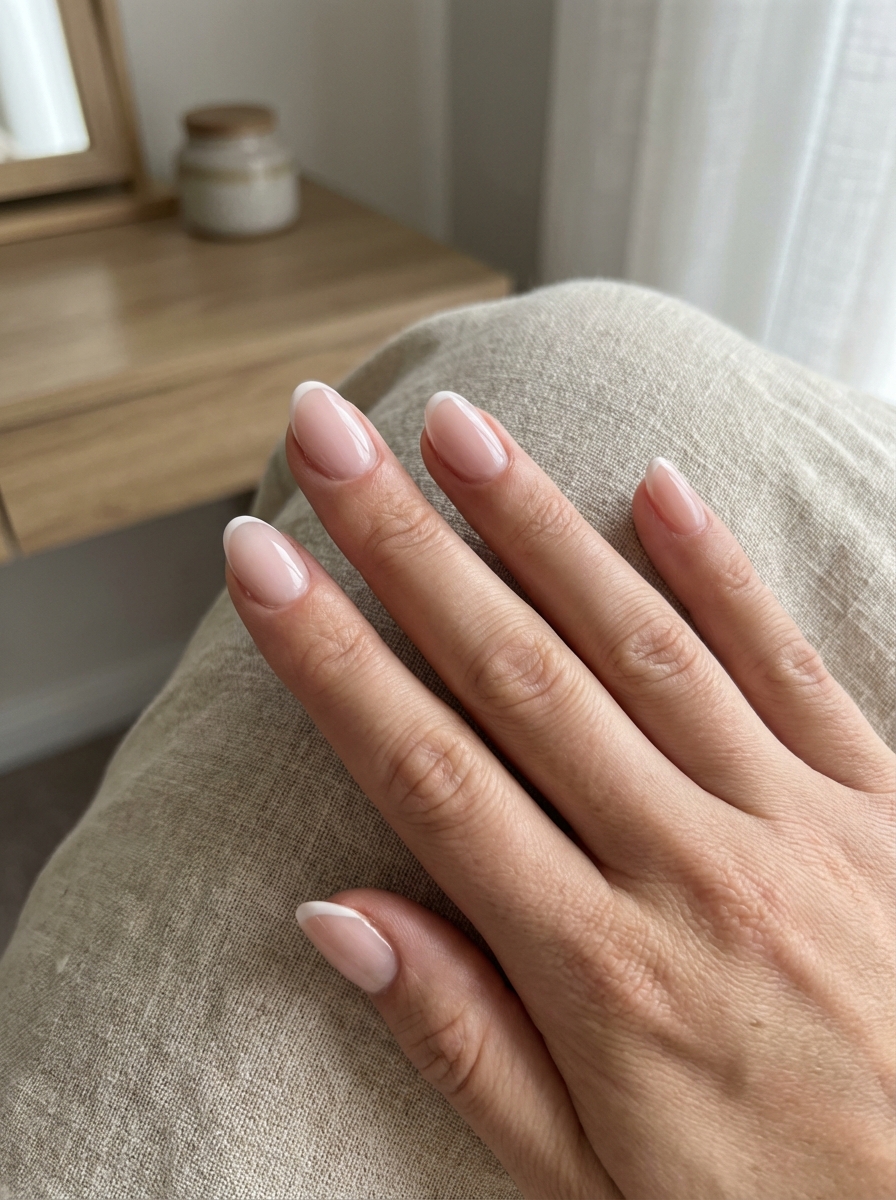 Close-up of a hand resting on linen fabric displaying pretty nail art ideas with glossy almond nails painted soft blush pink with clean white French tips.