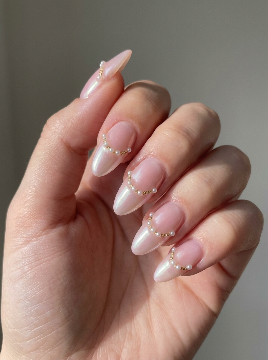 Almond-shaped nails with glowing champagne polish and curved arcs of gold and pearls, creating a whimsical and elegant prom nail art idea.