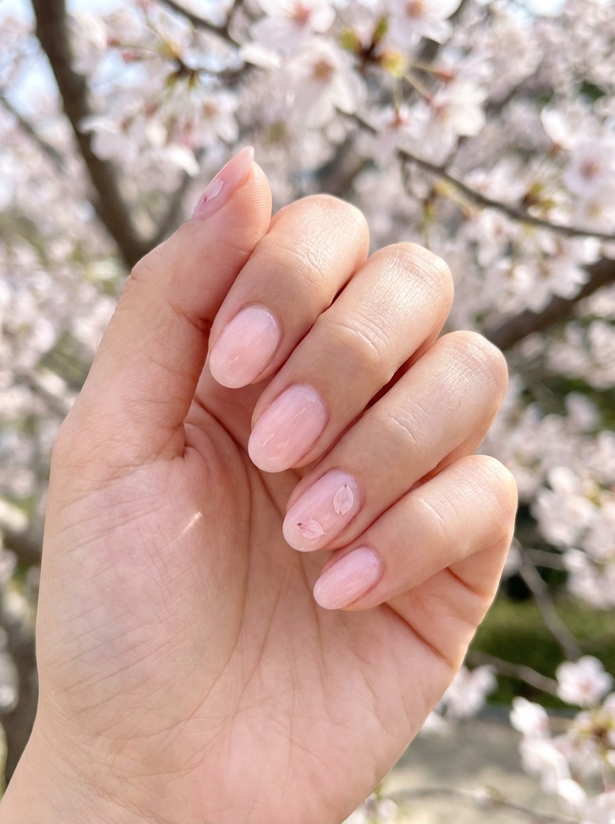 Angled outdoor image of a relaxed hand displaying a light pink nail art idea with glossy blush nails and a tiny petal detail on the ring finger.