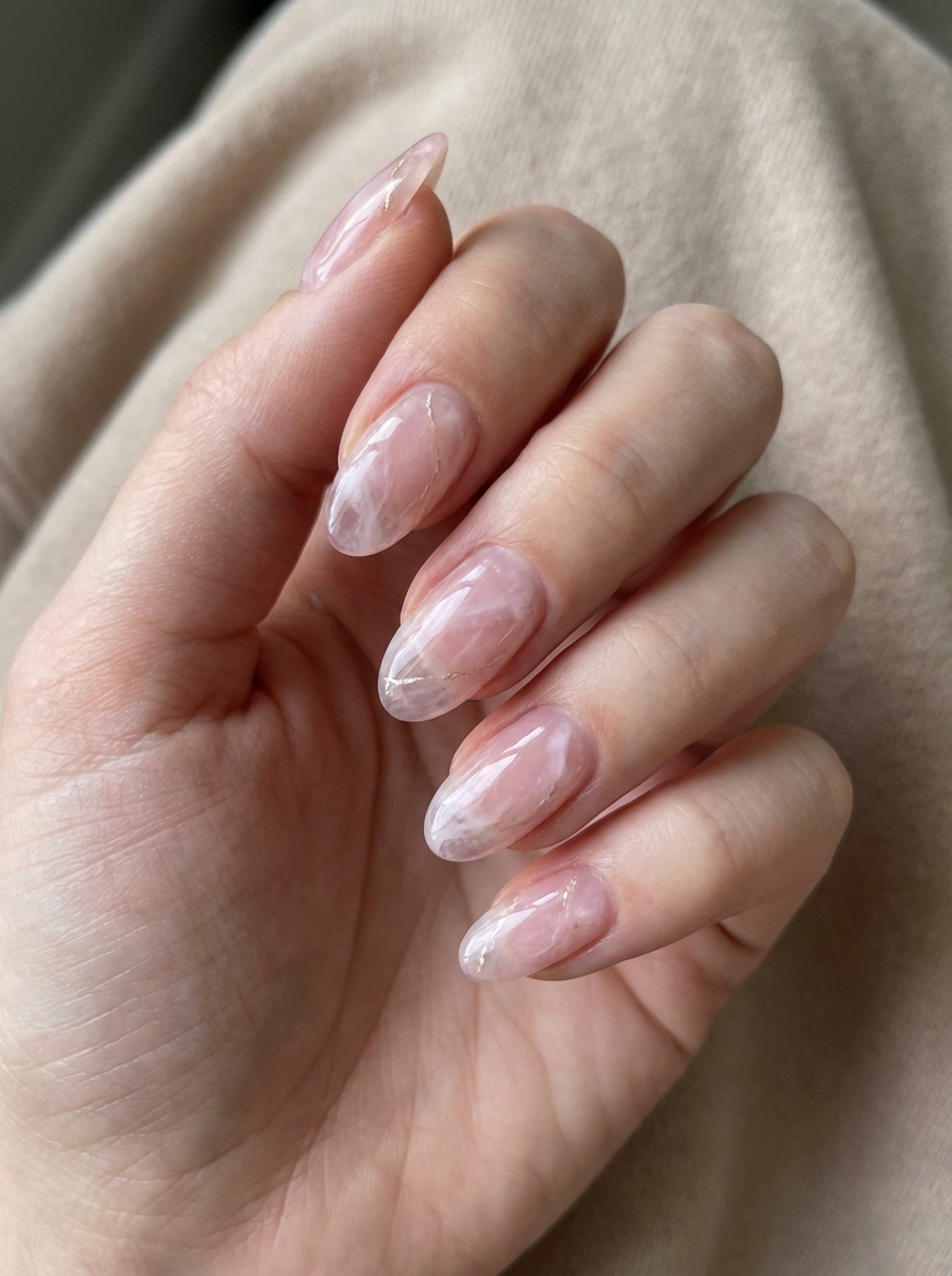 Hand with almond-shaped sheer pink nails and soft white brushstroke-style marble—a subtle, painterly prom nail art idea.